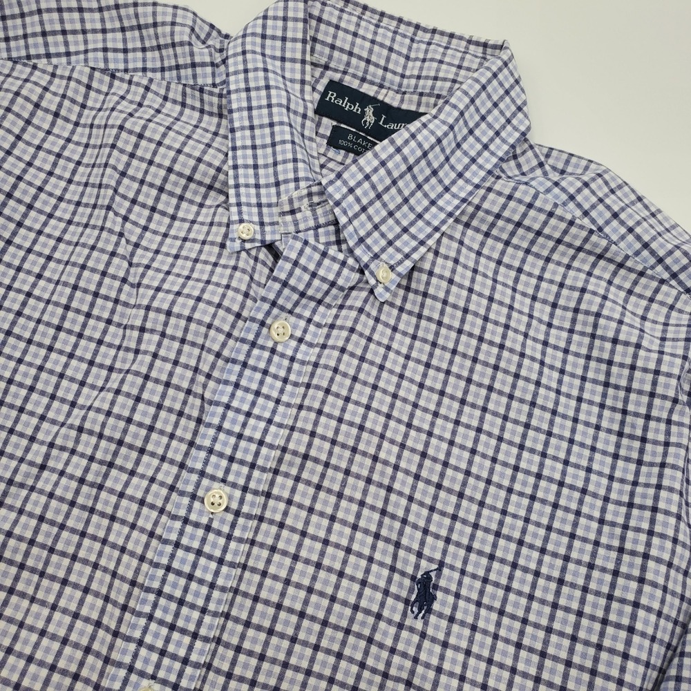 Ralph Lauren Blake Mens Large Blue White Gingham Cotton Short Sleeve Button Down